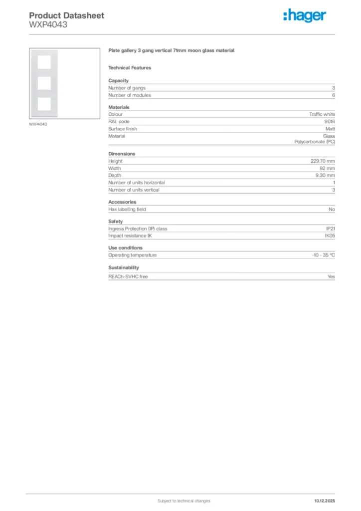 Image Hager Product data sheet WXP4043  | Hager Africa