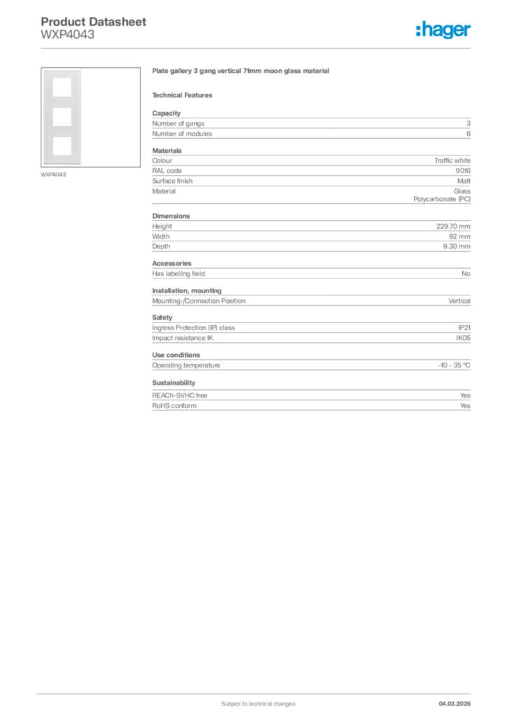 Image Hager Product data sheet WXP4043  | Hager Africa
