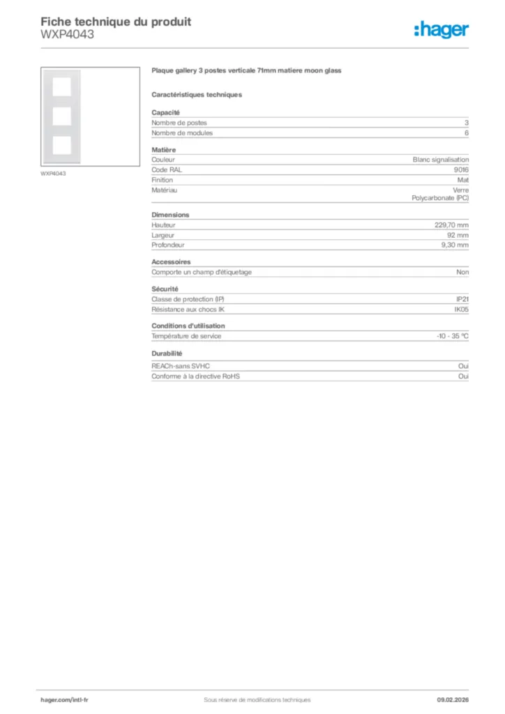 Image Hager Fiche technique du produit WXP4043 | Hager Afrique