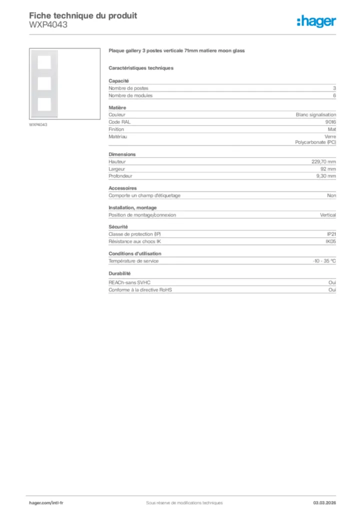 Image Hager Fiche technique du produit WXP4043 | Hager Afrique