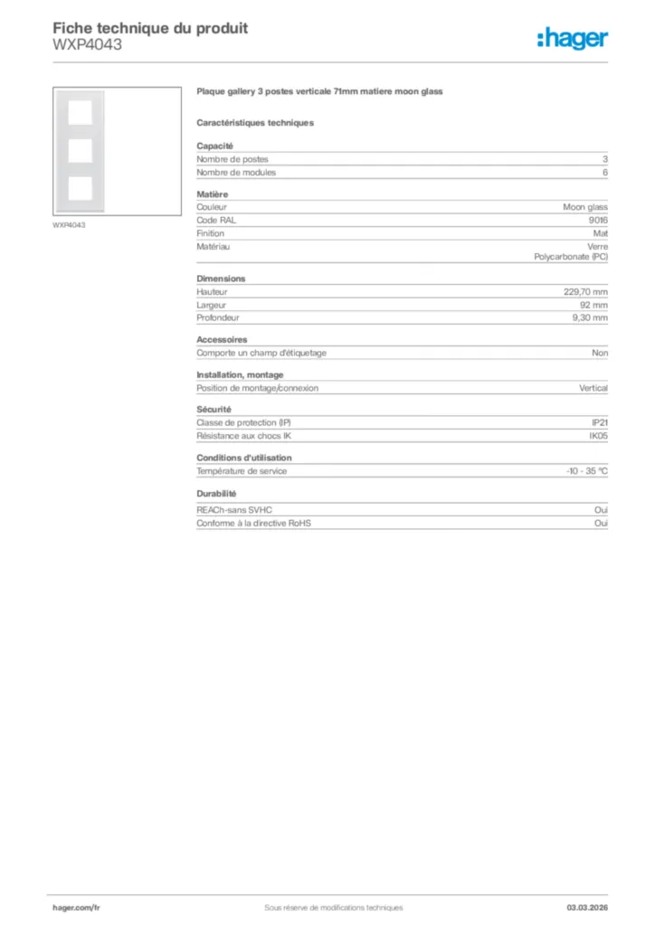 Image Hager Fiche technique du produit WXP4043 | Hager France