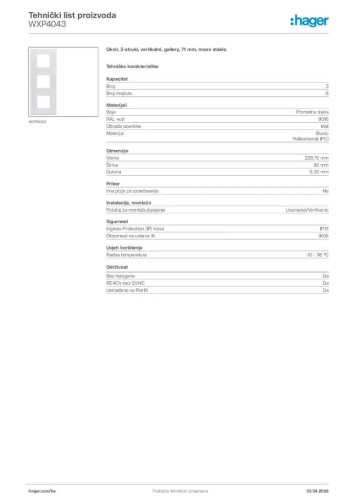 Slika Hager Tehnički list proizvoda WXP4043  | Hager