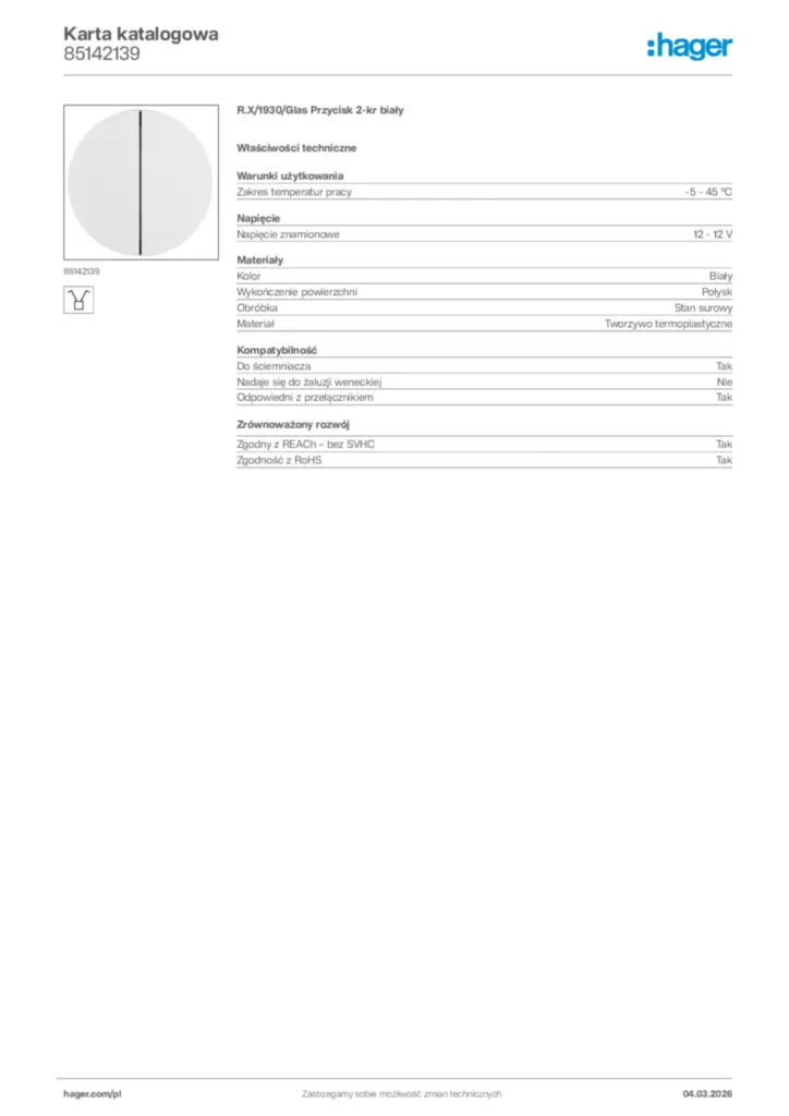 Zdjęcie Hager Karta katalogowa 85142139 | Hager Polska