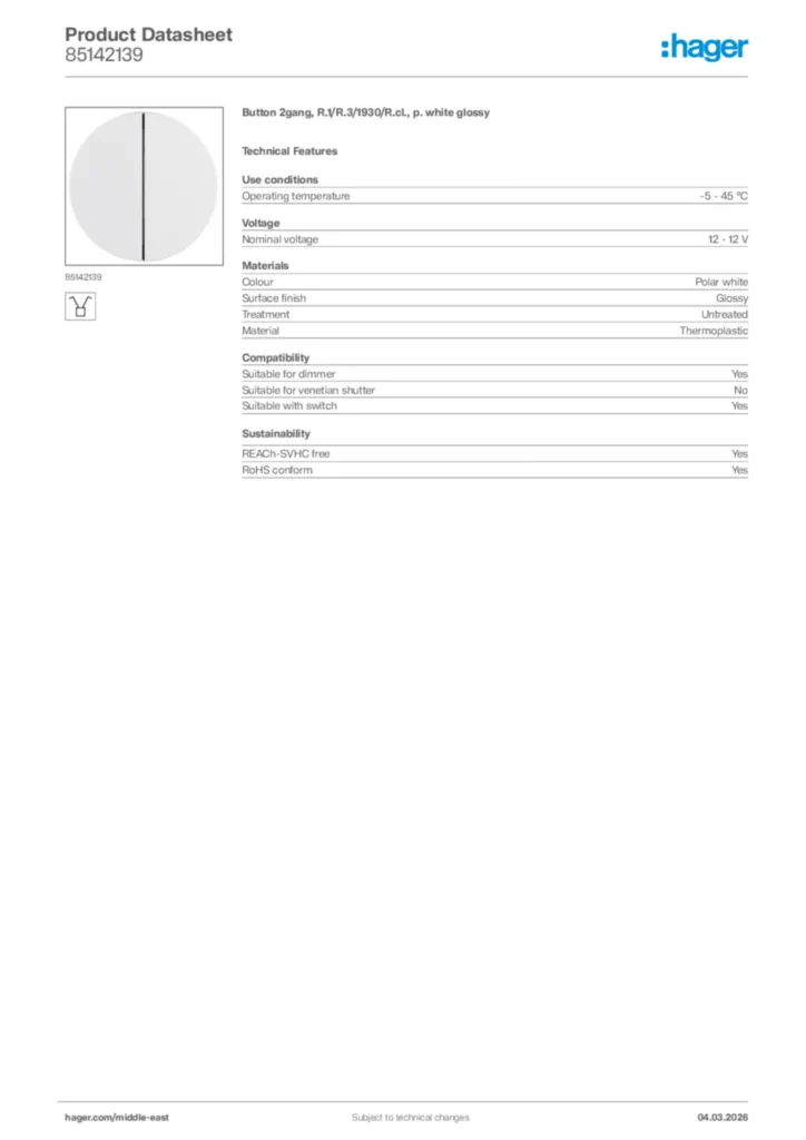 Image Hager Product data sheet 85142139  | Hager