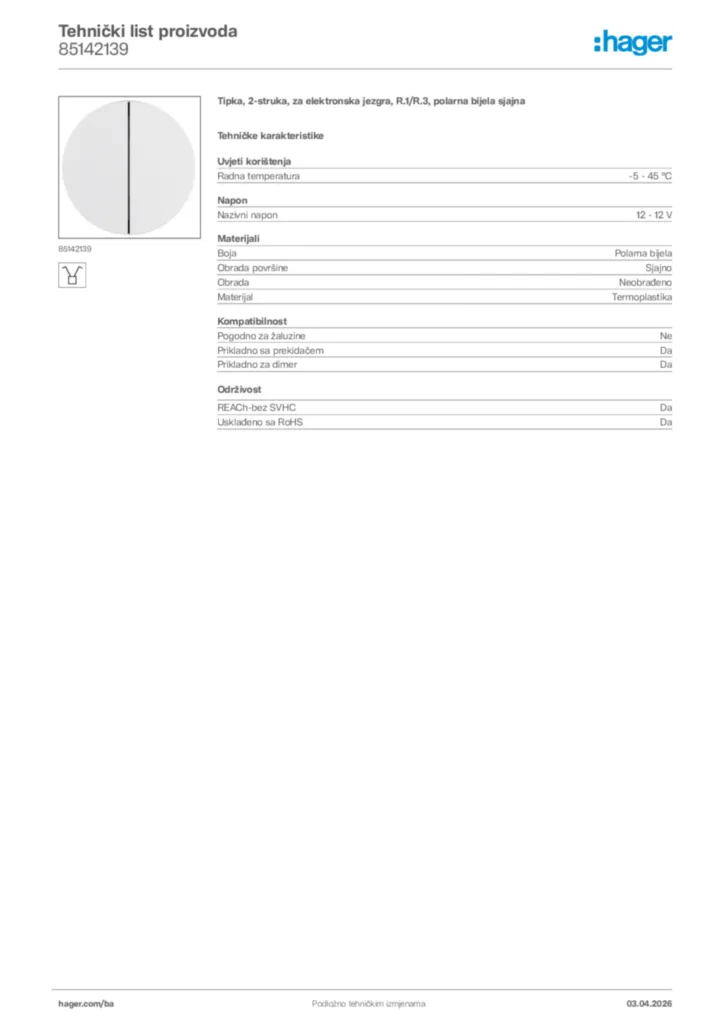 Slika Hager Tehnički list proizvoda 85142139  | Hager