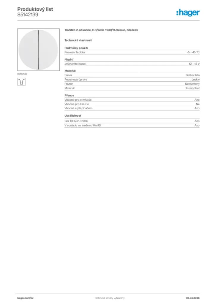 Obrázek Hager Product data sheet 85142139 | Hager