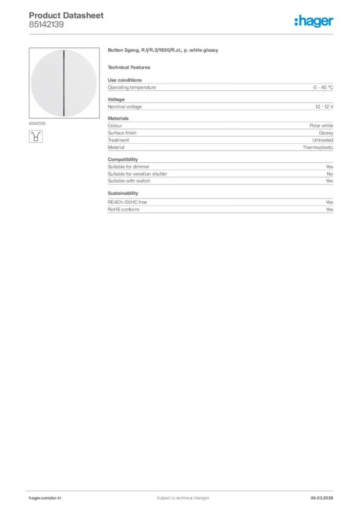 Image Hager Product data sheet 85142139  | Hager