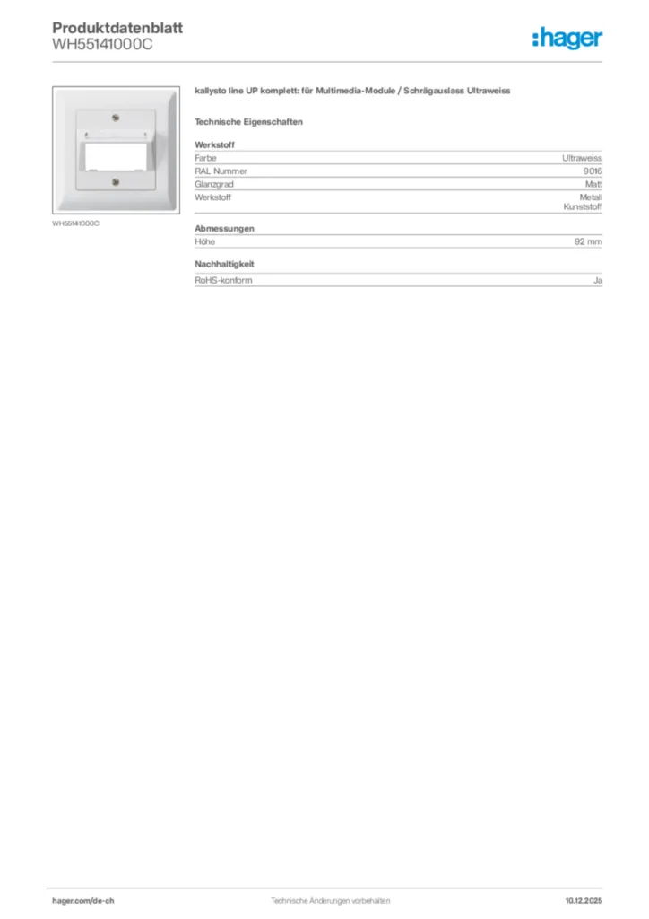 Bild Hager Produktdatenblatt WH55141000C | Hager Schweiz