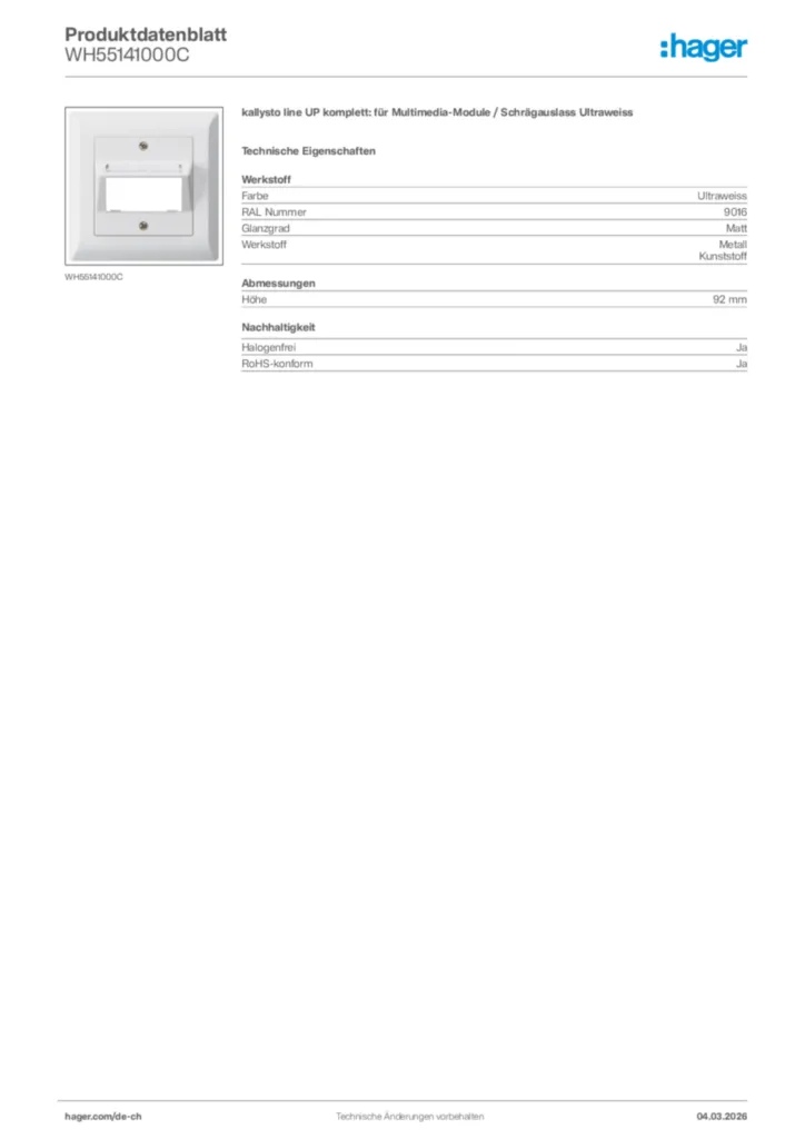 Bild Hager Produktdatenblatt WH55141000C | Hager Schweiz