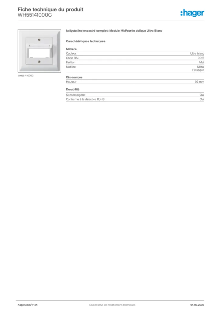 Image Hager Fiche technique du produit WH55141000C | Hager Suisse