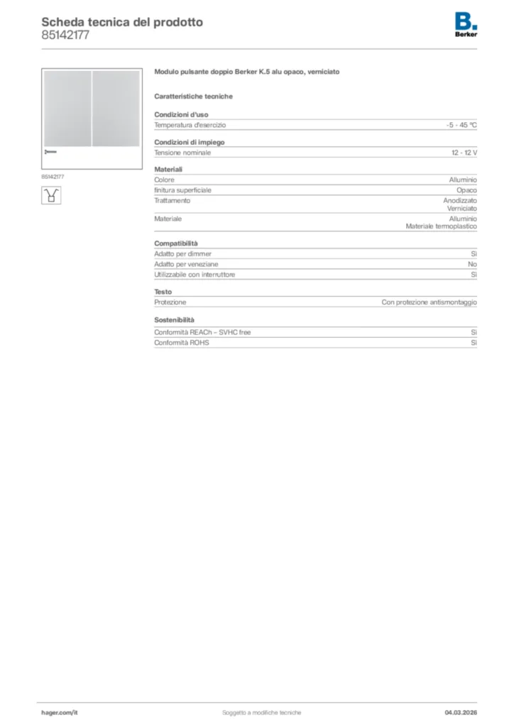 Immagine Berker Scheda tecnica del prodotto 85142177 | Hager Italia