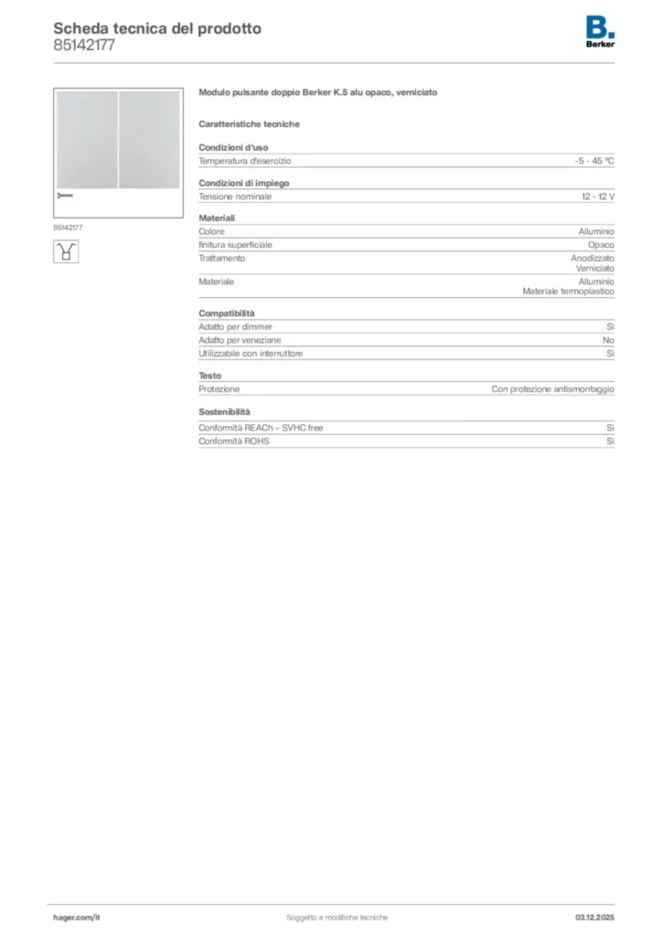 Immagine Berker Scheda tecnica del prodotto 85142177 | Hager Italia