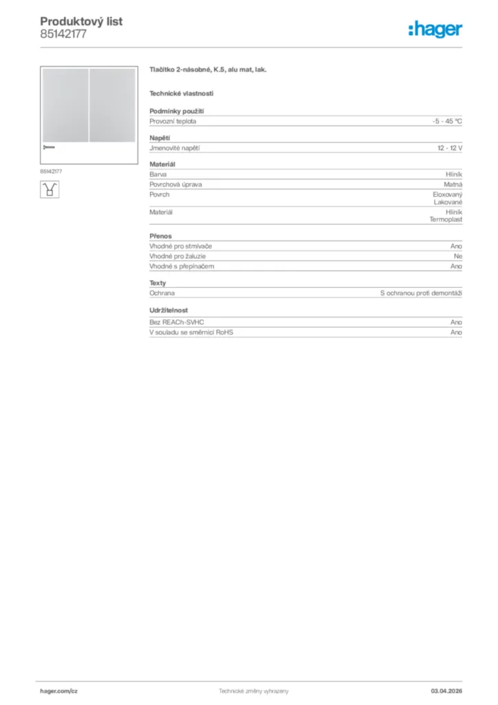 Obrázek Hager Product data sheet 85142177 | Hager