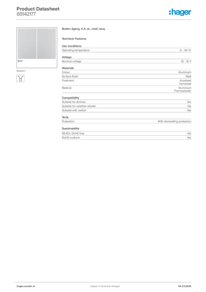 Image Hager Product data sheet 85142177  | Hager