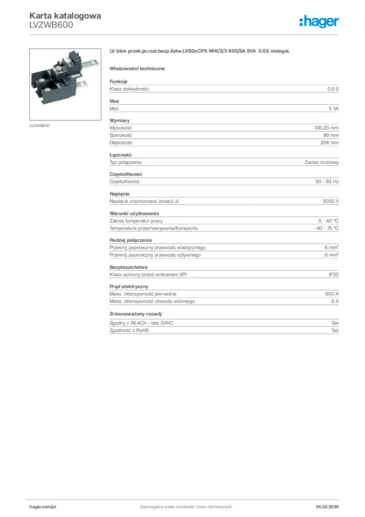Zdjęcie Hager Karta katalogowa LVZWB600 | Hager Polska