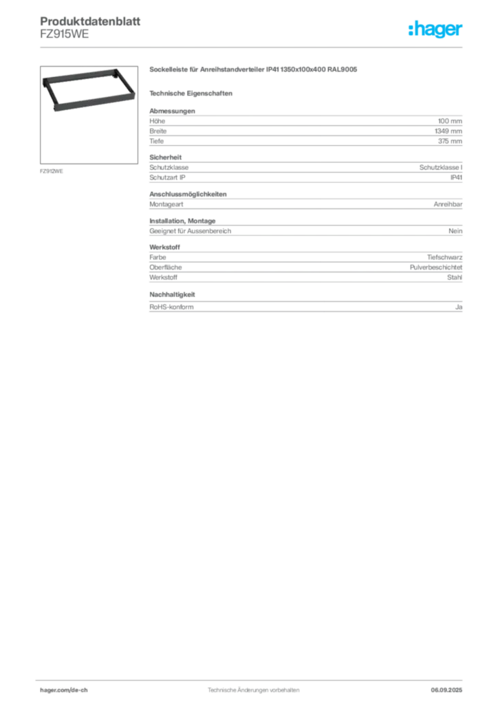 Bild Hager Produktdatenblatt FZ915WE | Hager Schweiz