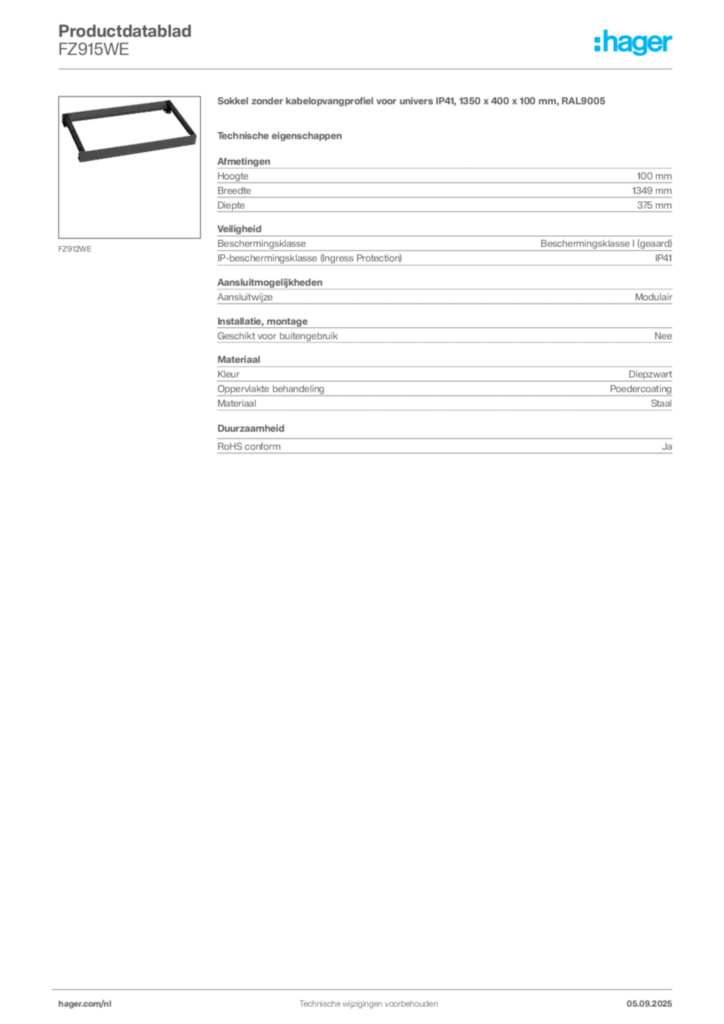 Afbeelding Hager Productdatablad FZ915WE | Hager Nederland