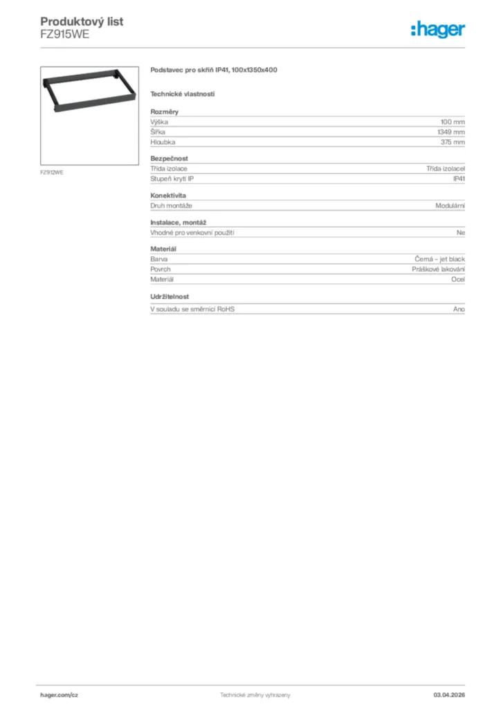 Obrázek Hager Product data sheet FZ915WE | Hager