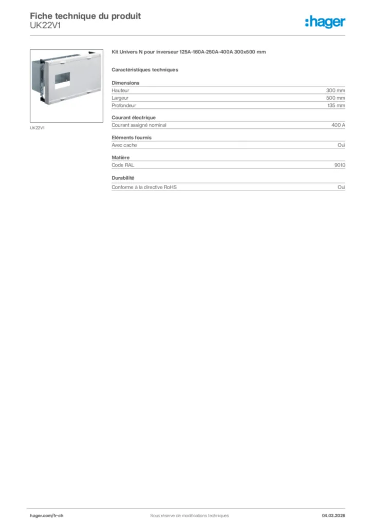 Image Hager Fiche technique du produit UK22V1 | Hager Suisse