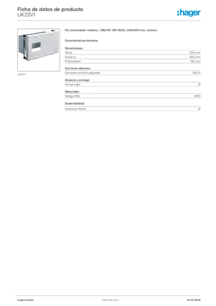 Imagen Hager Ficha de datos de producto UK22V1 | Hager España