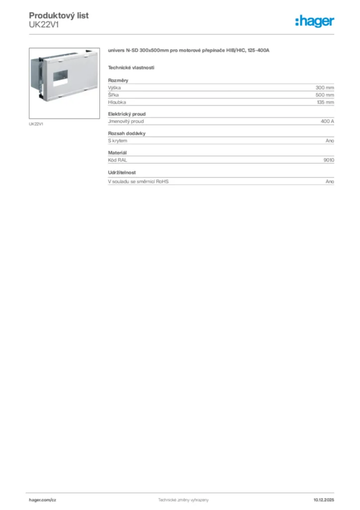 Obrázek Hager Produktový list UK22V1 | Hager