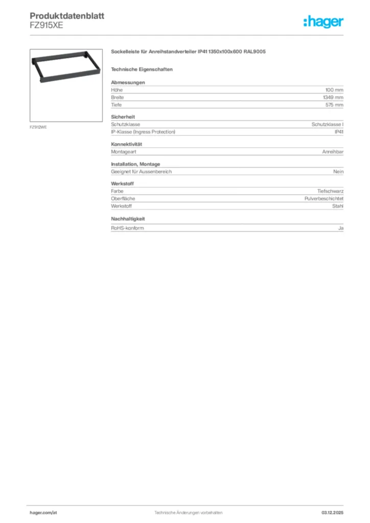 Bild Hager Produktdatenblatt FZ915XE | Hager Deutschland