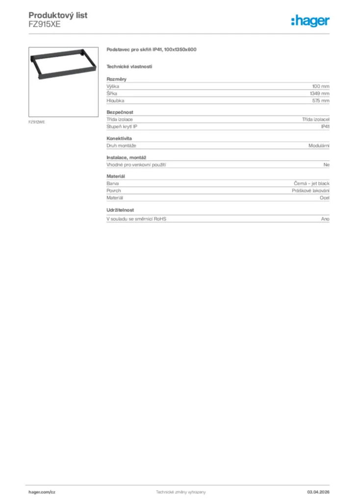 Obrázek Hager Product data sheet FZ915XE | Hager