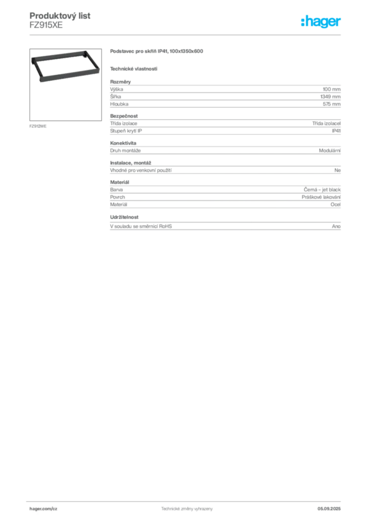 Obrázek Hager Produktový list FZ915XE | Hager