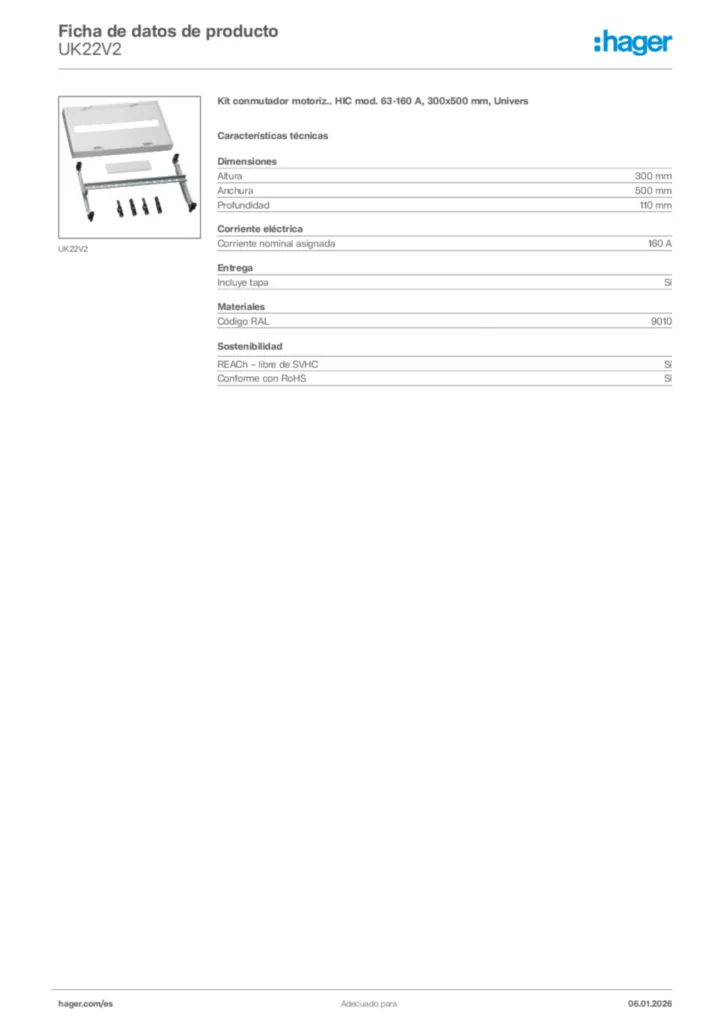 Imagen Hager Ficha de datos de producto UK22V2 | Hager España
