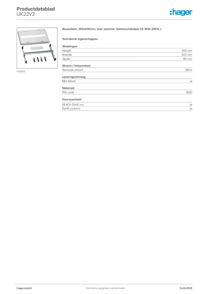 Afbeelding Hager Productdatablad UK22V2 | Hager Nederland