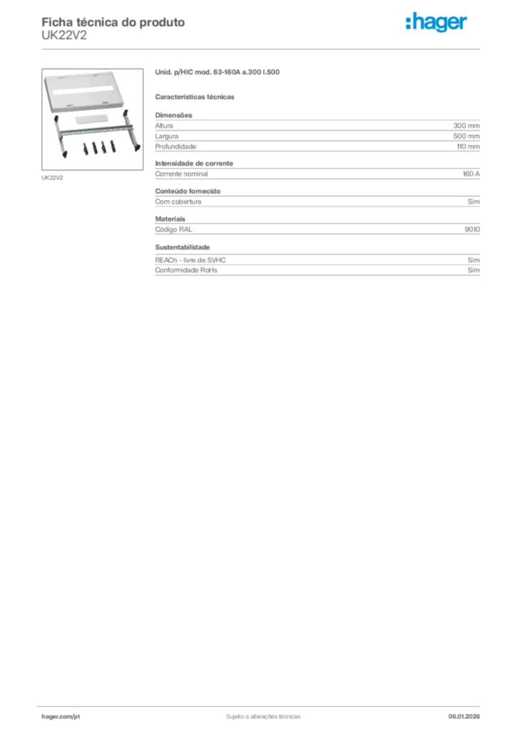 Imagem Hager Ficha técnica do produto UK22V2 | Hager Portugal