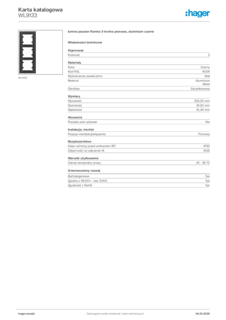 Zdjęcie Hager Karta katalogowa WL9133 | Hager Polska