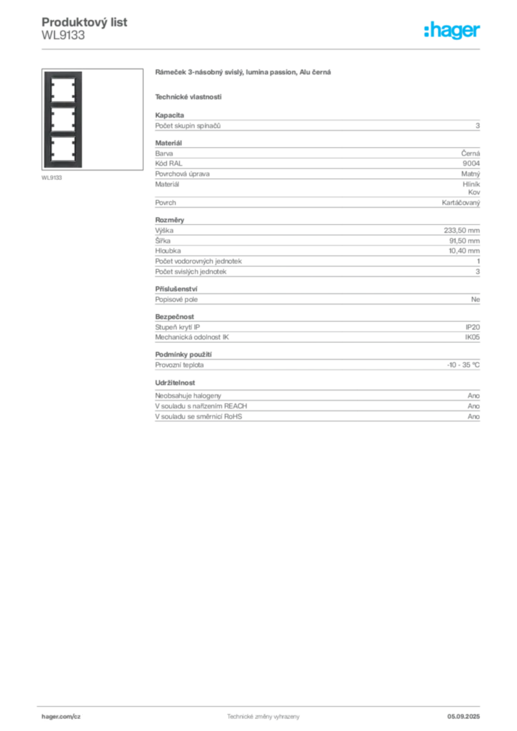 Obrázek Hager Produktový list WL9133 | Hager