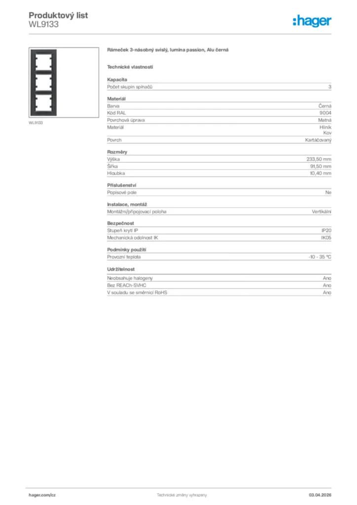 Obrázek Hager Product data sheet WL9133 | Hager