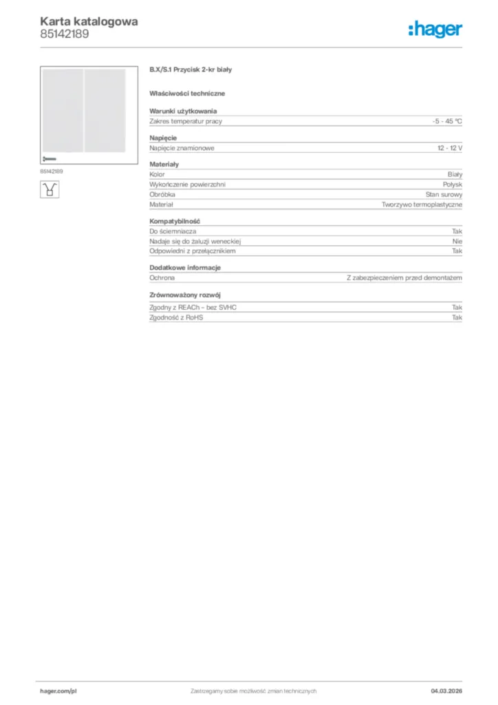 Zdjęcie Hager Karta katalogowa 85142189 | Hager Polska