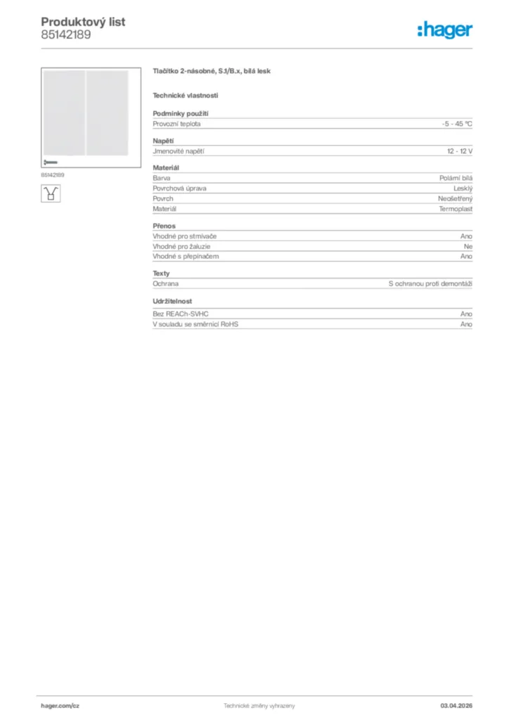 Obrázek Hager Product data sheet 85142189 | Hager