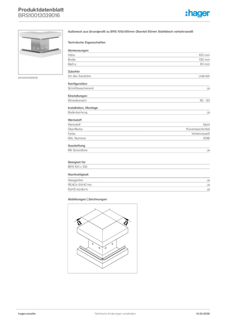 Bild Hager Produktdatenblatt BRS10013039016 | Hager Deutschland