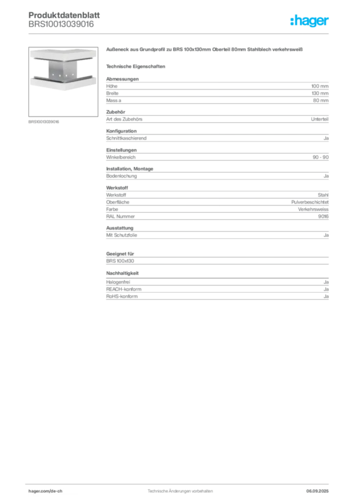 Bild Hager Produktdatenblatt BRS10013039016 | Hager Schweiz