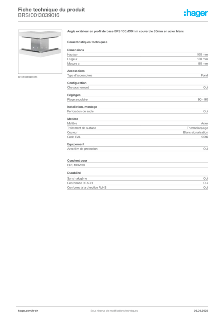 Image Hager Fiche technique du produit BRS10013039016 | Hager Suisse