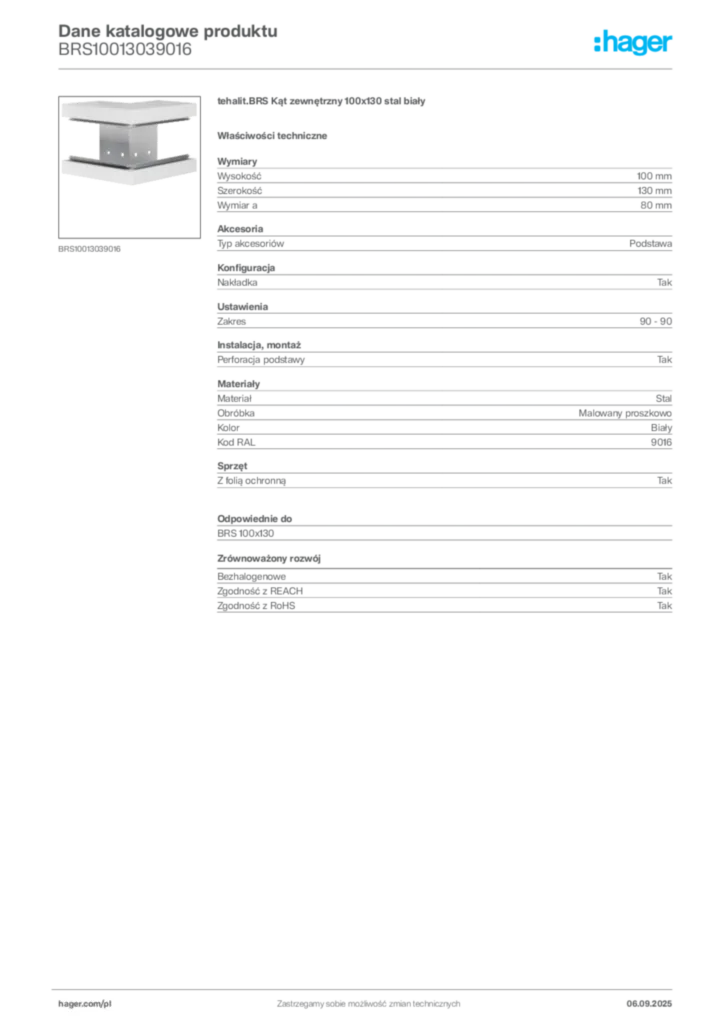 Zdjęcie Hager Dane katalogowe produktu BRS10013039016 | Hager Polska