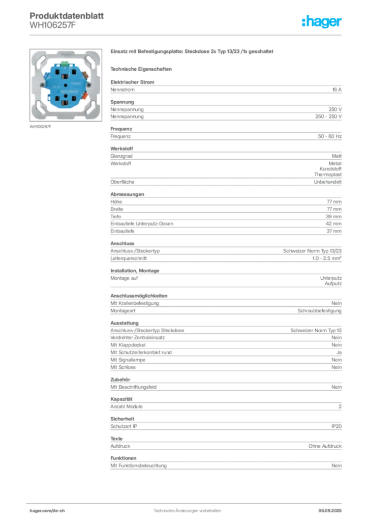Bild Hager Produktdatenblatt WH106257F | Hager Schweiz