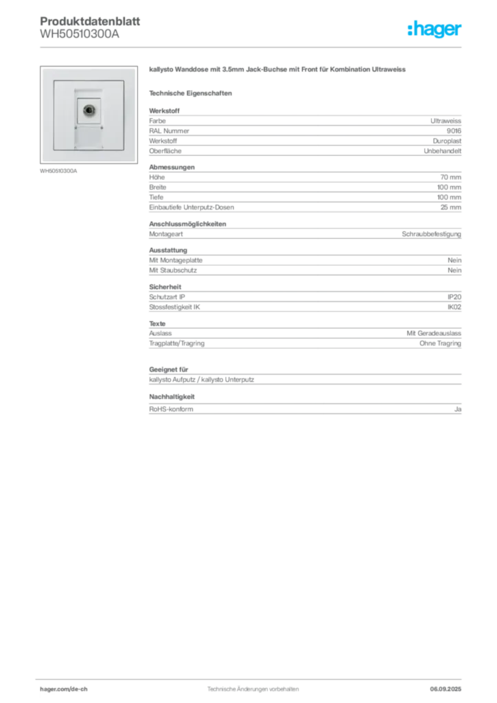 Bild Hager Produktdatenblatt WH50510300A | Hager Schweiz
