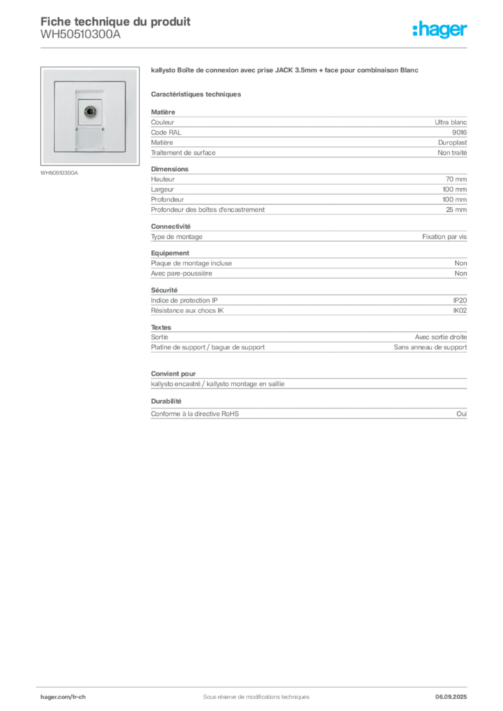 Image Hager Fiche technique du produit WH50510300A | Hager Suisse