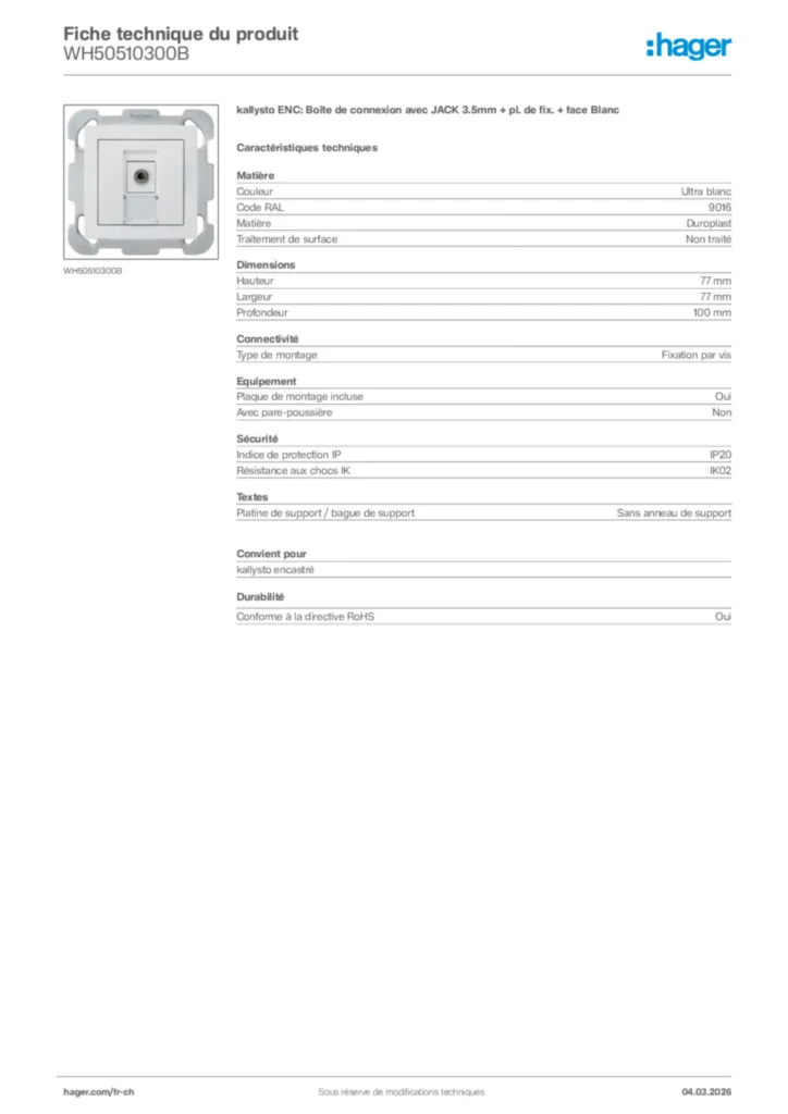 Image Hager Fiche technique du produit WH50510300B | Hager Suisse