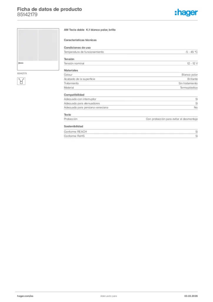 Imagen Hager Ficha de datos de producto 85142179 | Hager España