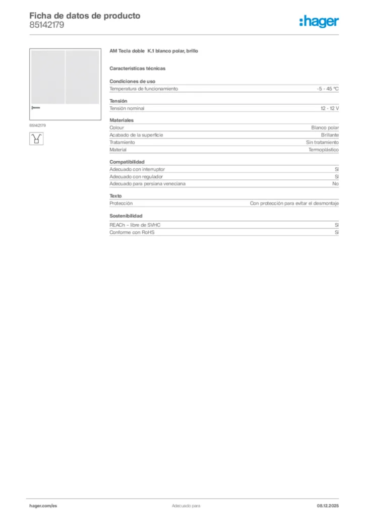 Imagen Hager Ficha de datos de producto 85142179 | Hager España