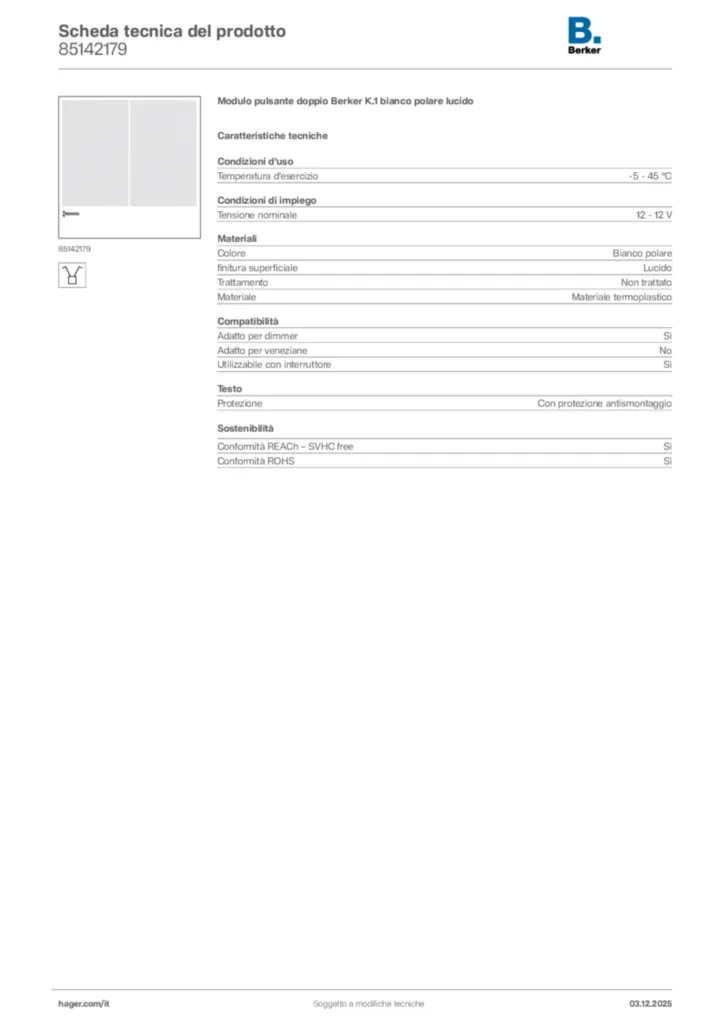 Immagine Berker Scheda tecnica del prodotto 85142179 | Hager Italia