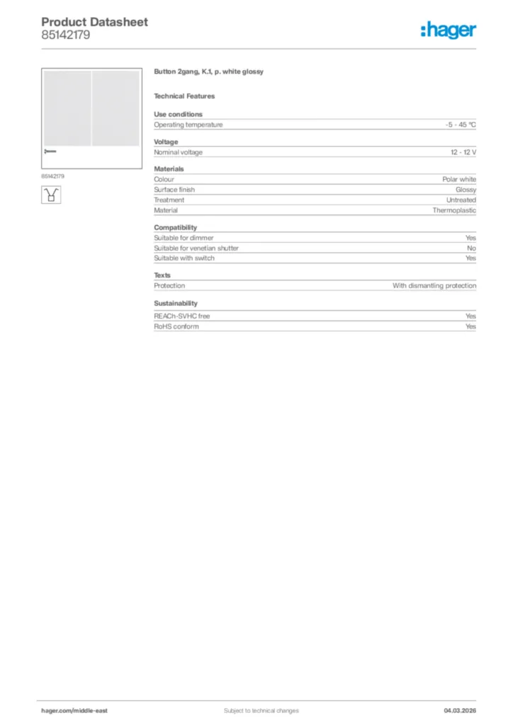 Image Hager Product data sheet 85142179  | Hager