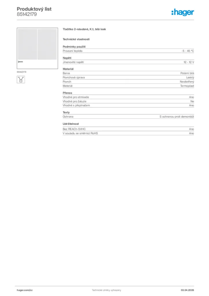Obrázek Hager Product data sheet 85142179 | Hager