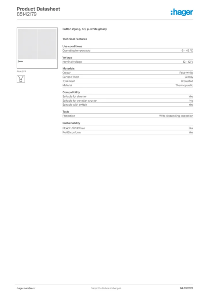 Image Hager Product data sheet 85142179  | Hager